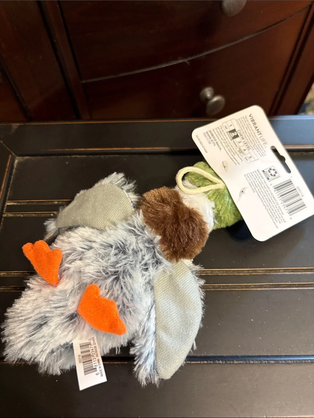 Vibrant Plush Duck squeaky. Gray, Green & Brown. Small Dog